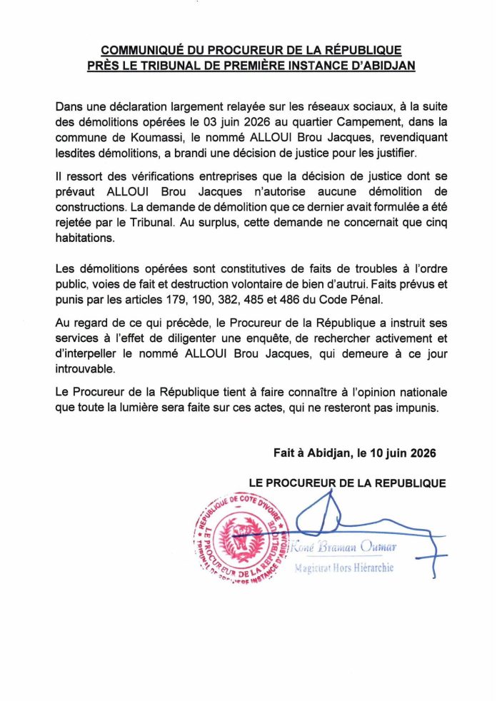 Communiqué du Ministère de la justice